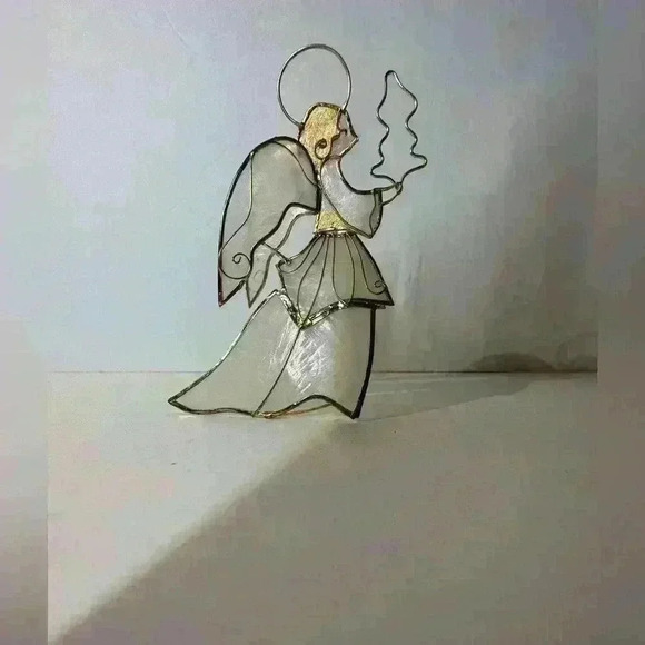 Vintage Capiz Shell Gold Metal Angel With Tree Christmas Ornament 5” - Picture 2 of 7